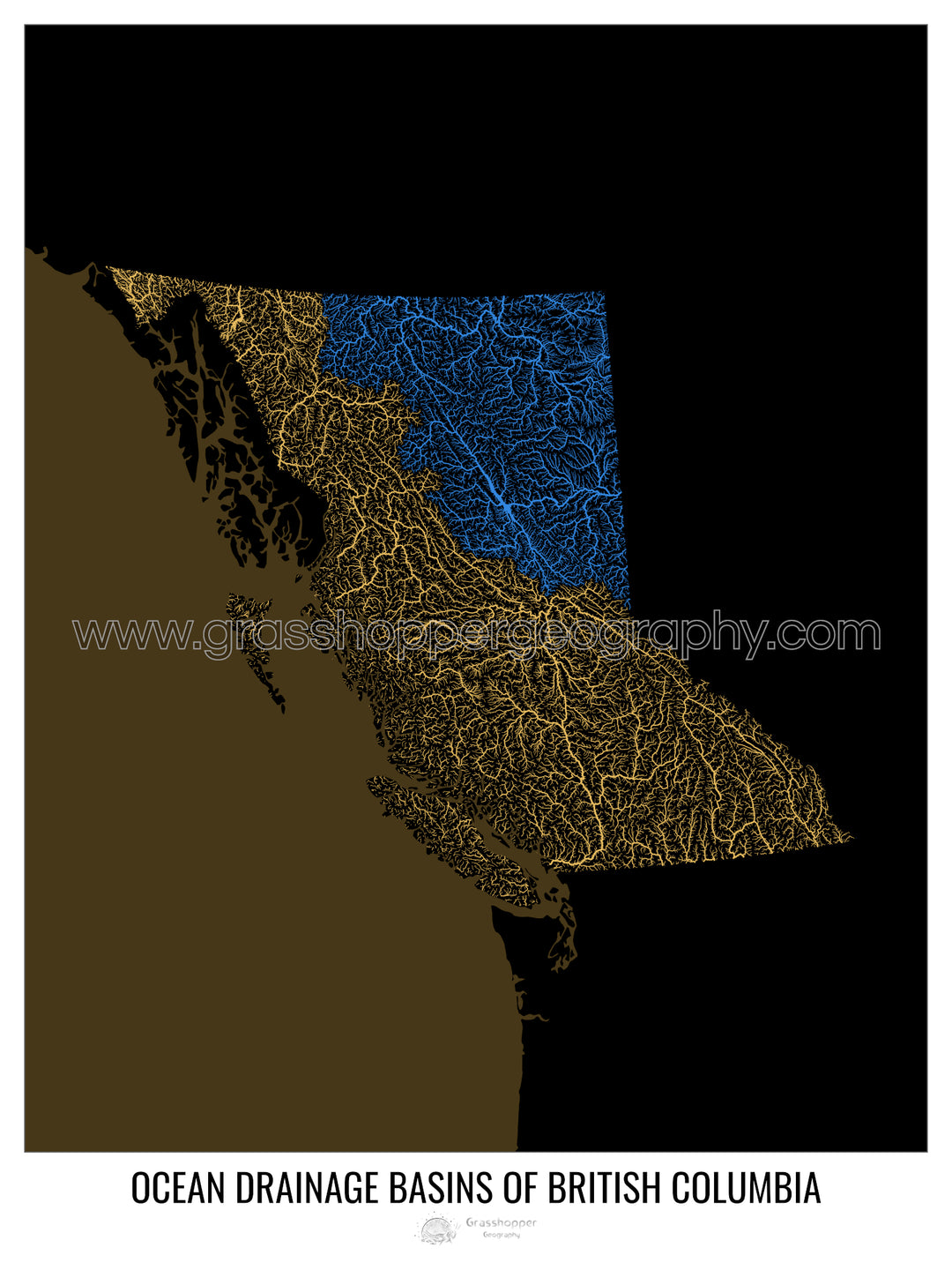 British Columbia - Ocean drainage basin map, black v2 - Framed Print
