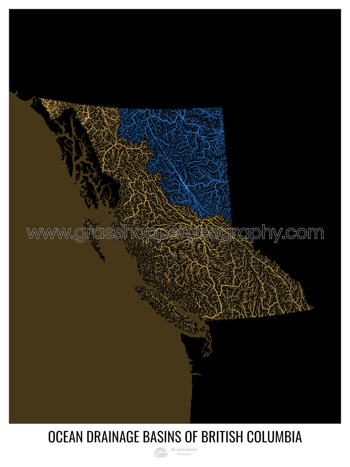 British Columbia - Ocean drainage basin map, black v2 - Photo Art Print