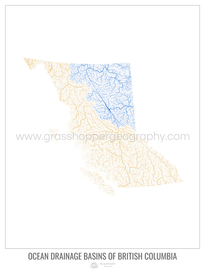 Columbia Británica - Mapa de la cuenca de drenaje oceánico, blanco v1 - Lámina enmarcada