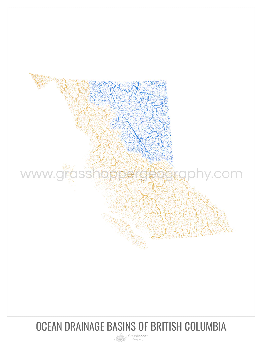Colombie-Britannique - Carte du bassin versant océanique, blanc v1 - Impression encadrée