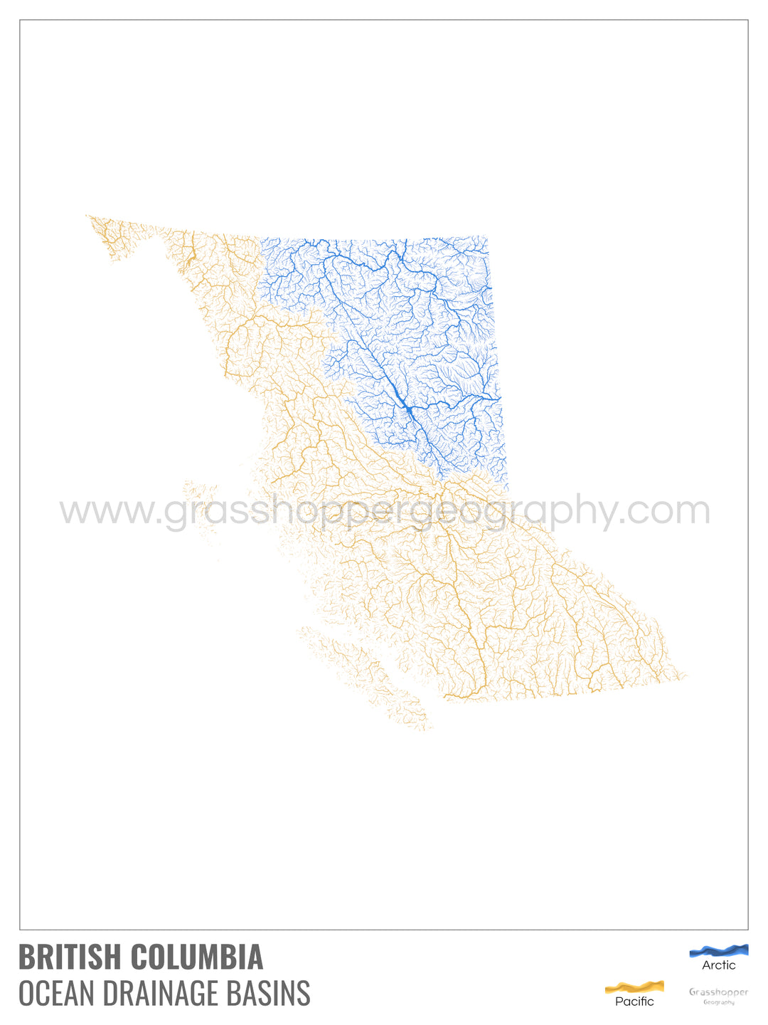 British Columbia - Ocean drainage basin map, white with legend v1 - Framed Print