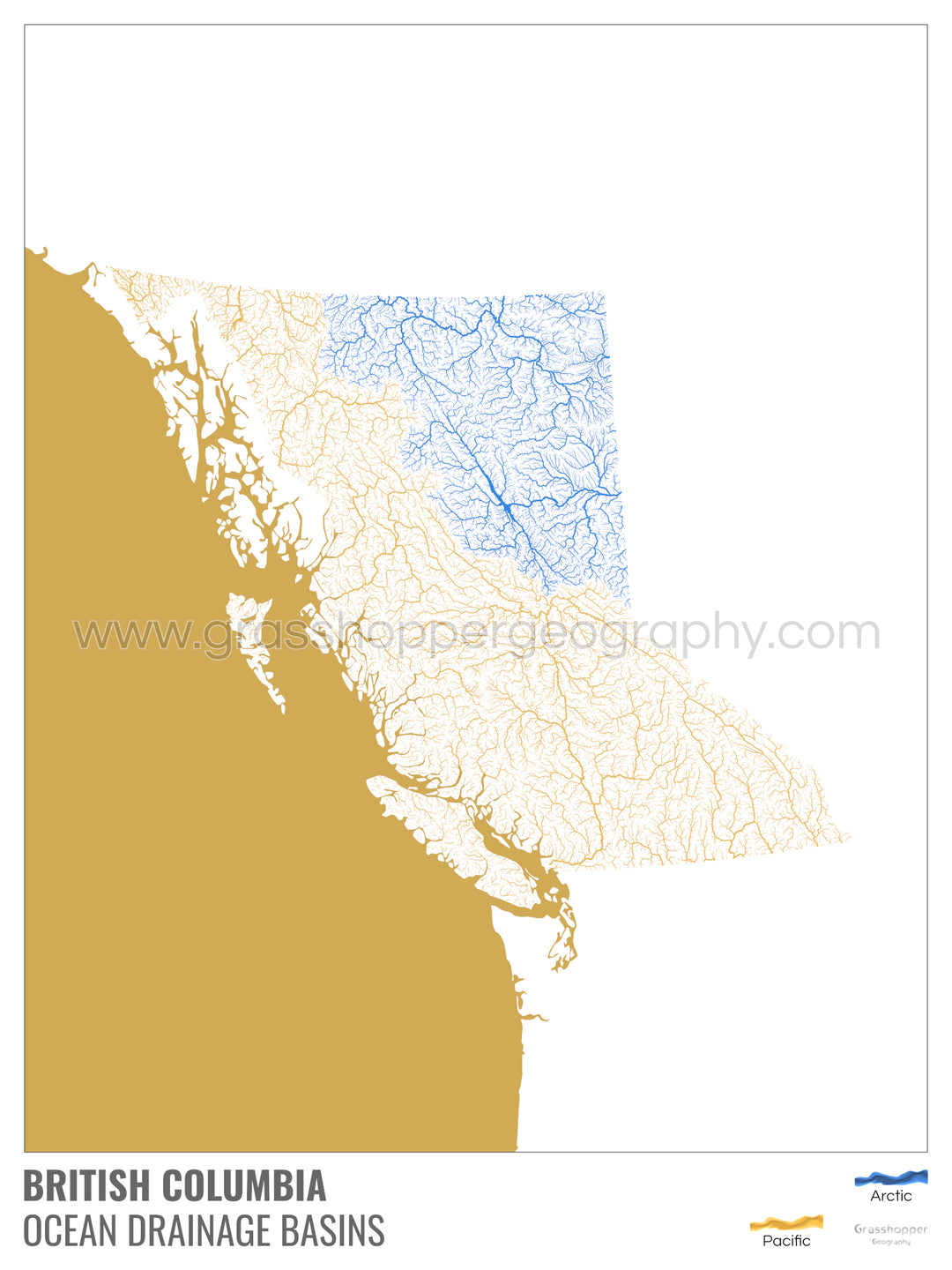 Colombie-Britannique - Carte du bassin versant océanique, blanche avec légende v2 - Tirage d'art avec cintre