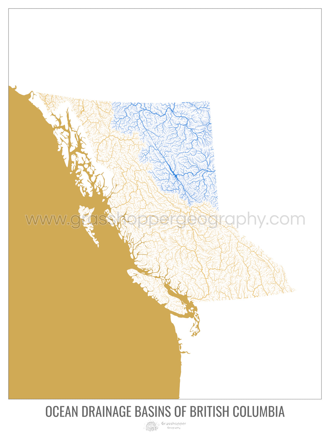 Colombie-Britannique - Carte des bassins hydrographiques océaniques, blanc v2 - Tirage d'art