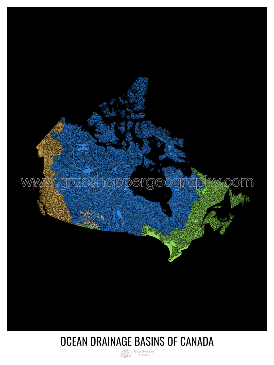 Canadá - Mapa de la cuenca hidrográfica del océano, negro v1 - Impresión de bellas artes