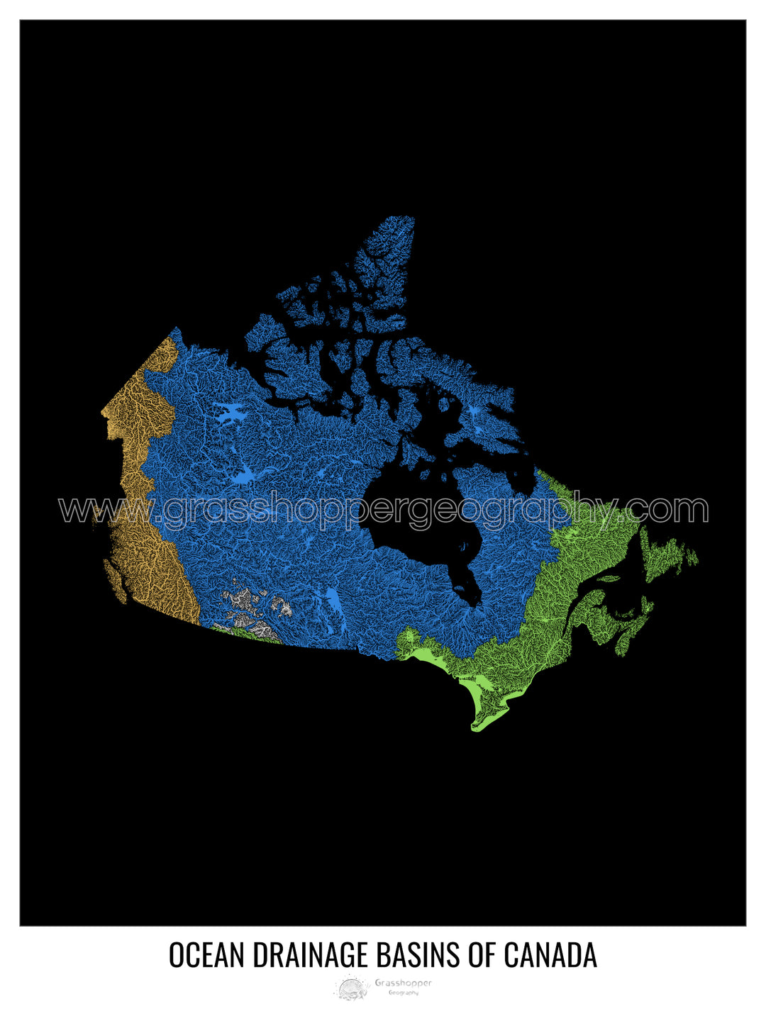 Canadá - Mapa de la cuenca hidrográfica del océano, negro v1 - Impresión artística con colgador