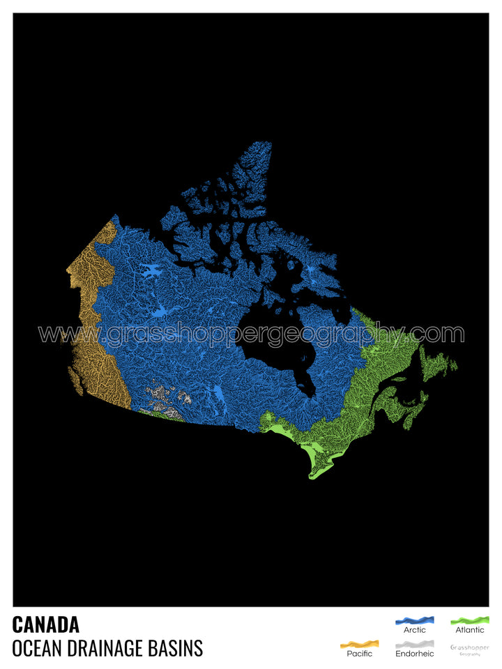 Canada - Carte des bassins versants océaniques, noire avec légende v1 - Tirage d'art avec cintre