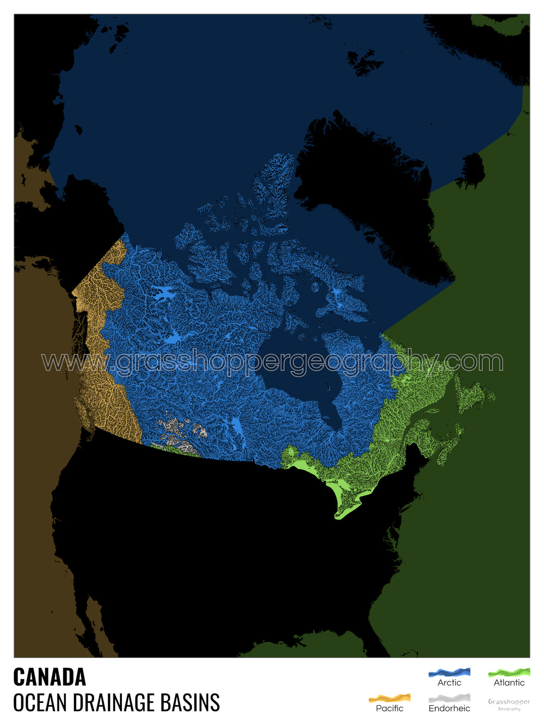 Canada - Ocean drainage basin map, black with legend v2 - Fine Art Print