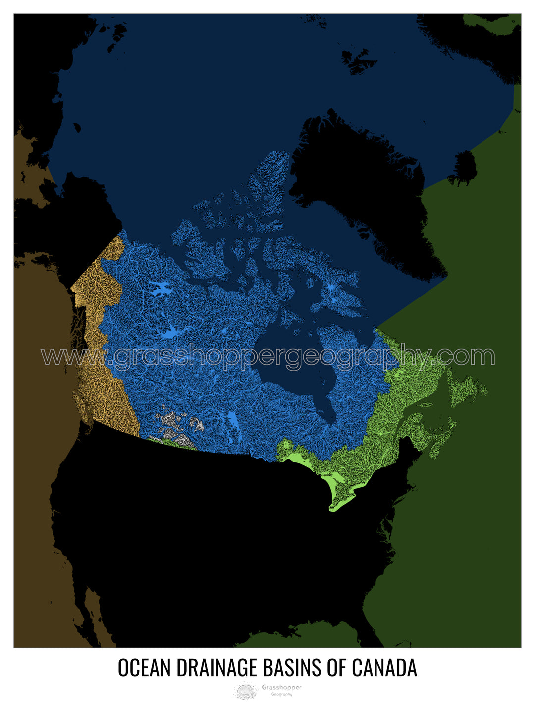 Canadá - Mapa de la cuenca de drenaje oceánico, negro v2 - Impresión de bellas artes