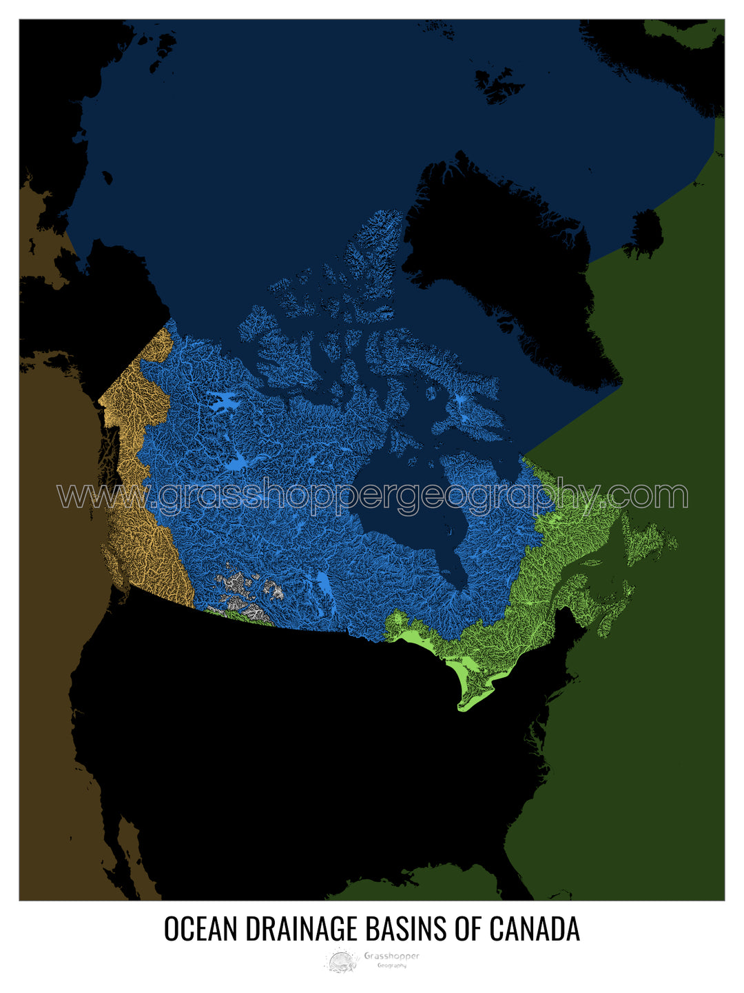 Canadá - Mapa de la cuenca hidrográfica del océano, negro v2 - Impresión fotográfica