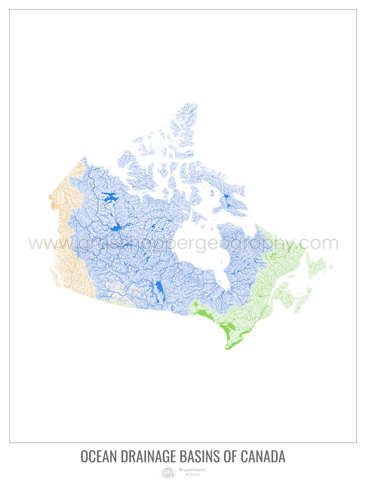 Canadá - Mapa de la cuenca hidrográfica del océano, blanco v1 - Impresión artística con colgador