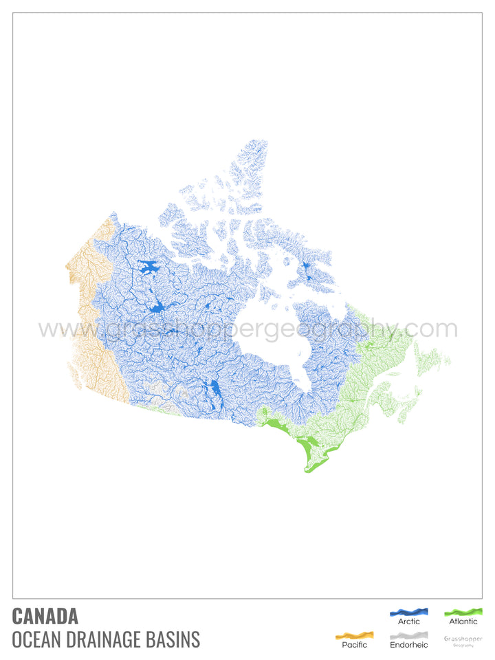 Canadá - Mapa de la cuenca hidrográfica del océano, blanco con leyenda v1 - Impresión de bellas artes
