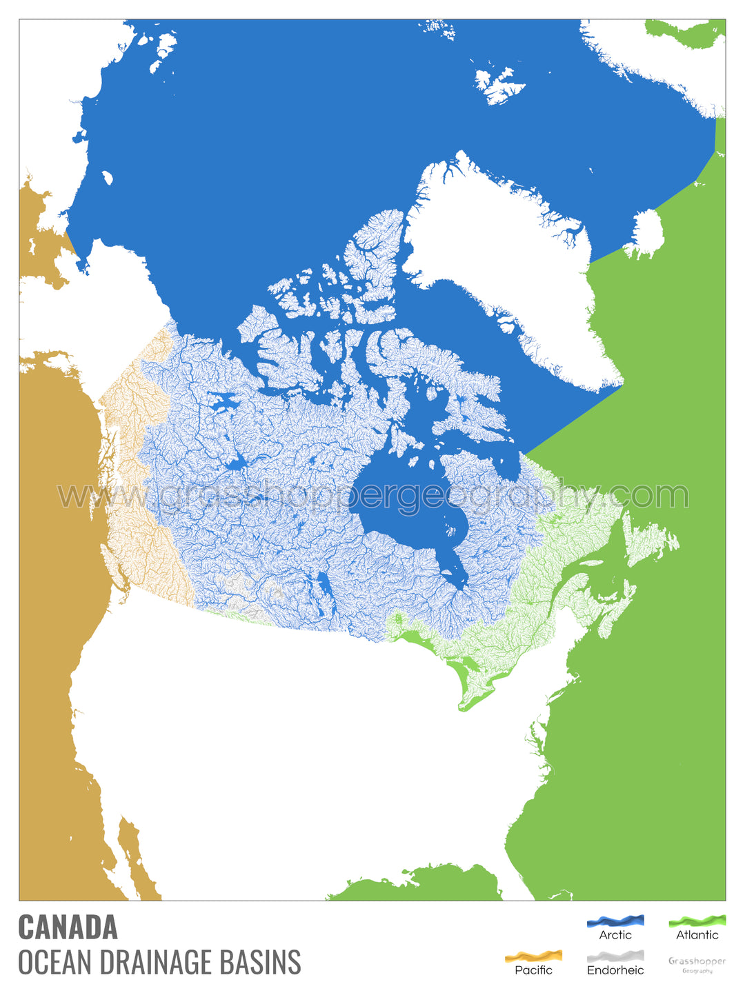 Canadá - Mapa de la cuenca hidrográfica del océano, blanco con leyenda v2 - Impresión de bellas artes