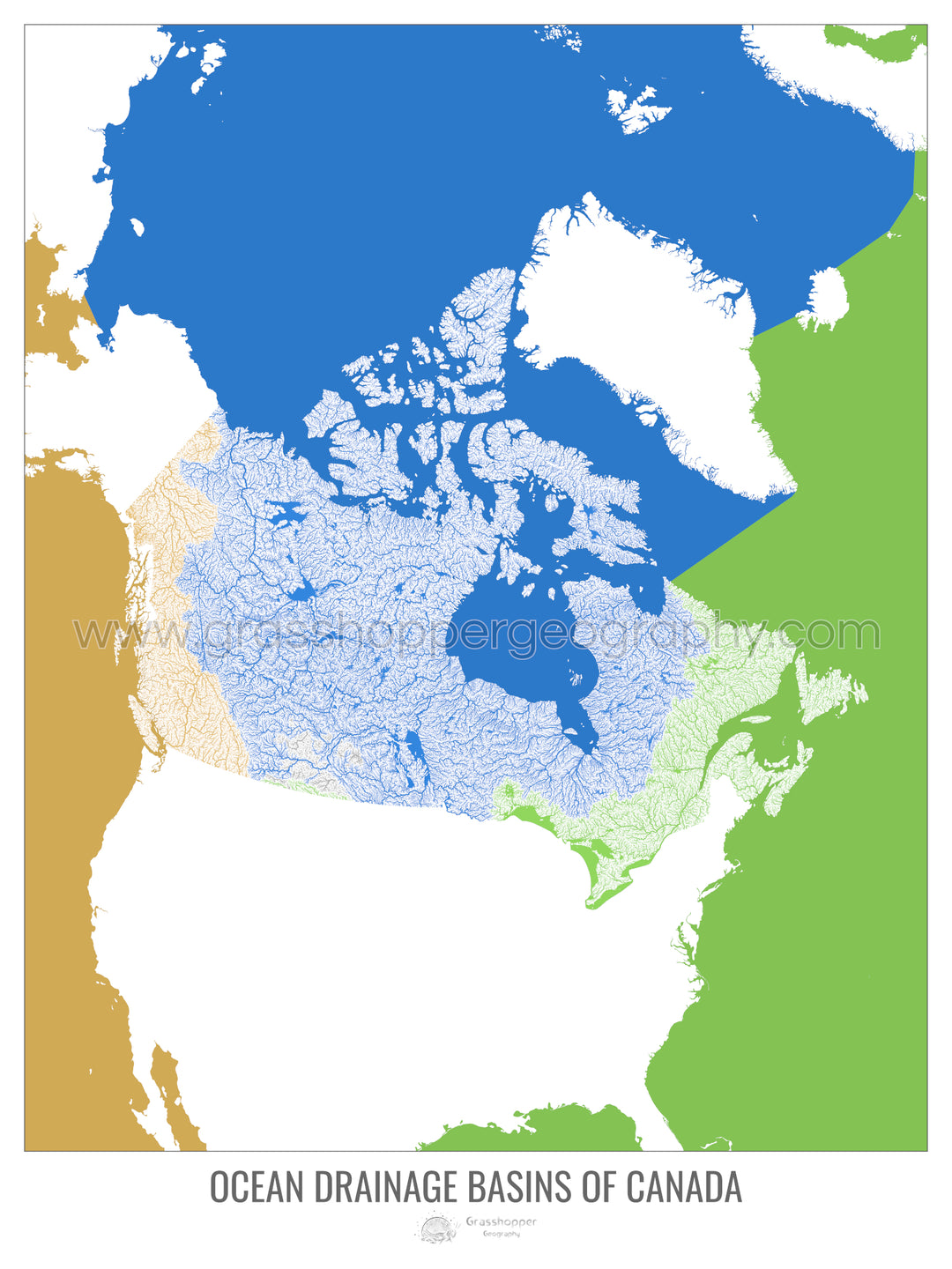Canadá - Mapa de la cuenca hidrográfica del océano, blanco v2 - Impresión de bellas artes