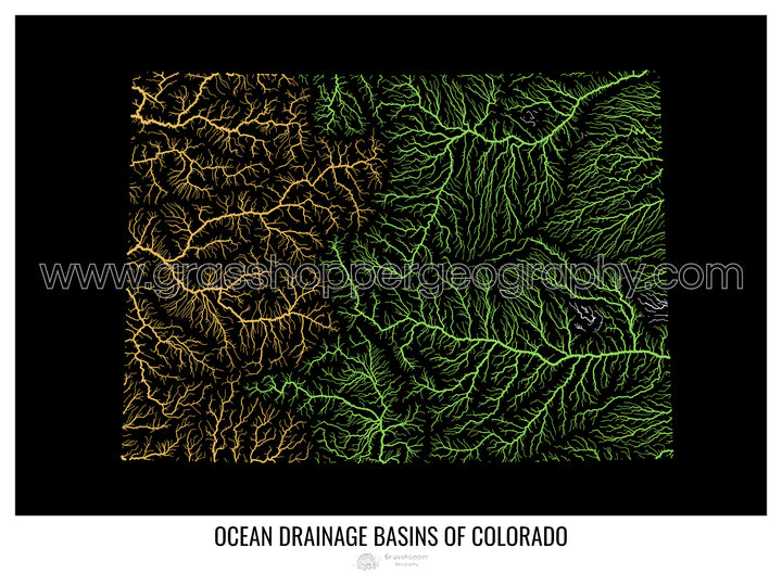 Colorado - Carte du bassin versant océanique, noir v1 - Tirage d'art avec cintre