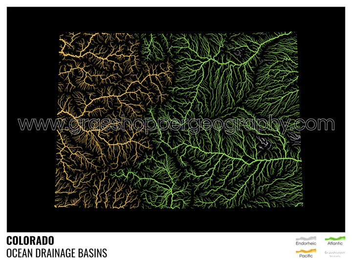 Colorado - Mapa de la cuenca hidrográfica del océano, negro con leyenda v1 - Impresión artística con colgador