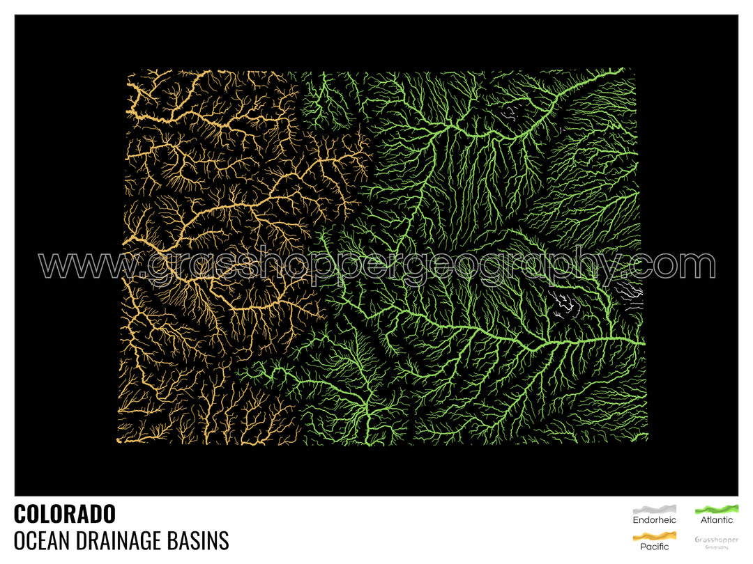 Colorado - Mapa de la cuenca hidrográfica del océano, negro con leyenda v1 - Lámina enmarcada