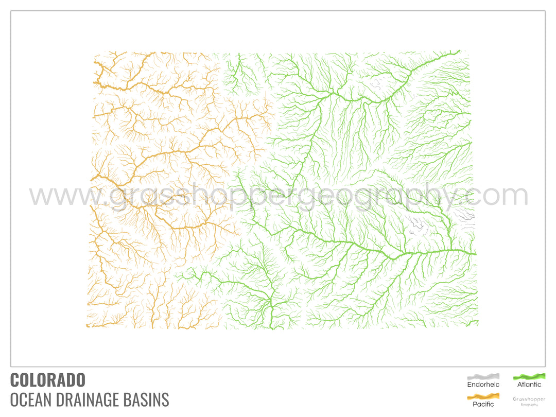 Colorado - Mapa de la cuenca de drenaje oceánico, blanco con leyenda v1 - Impresión de bellas artes