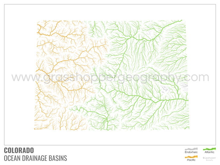 Colorado - Mapa de la cuenca hidrográfica del océano, blanco con leyenda v1 - Impresión artística con colgador