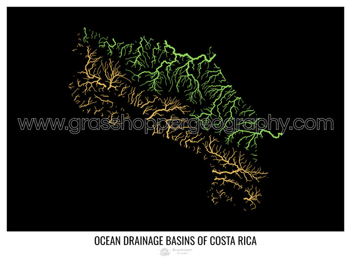 Costa Rica - Carte des bassins hydrographiques océaniques, noir v1 - Tirage d'art avec cintre