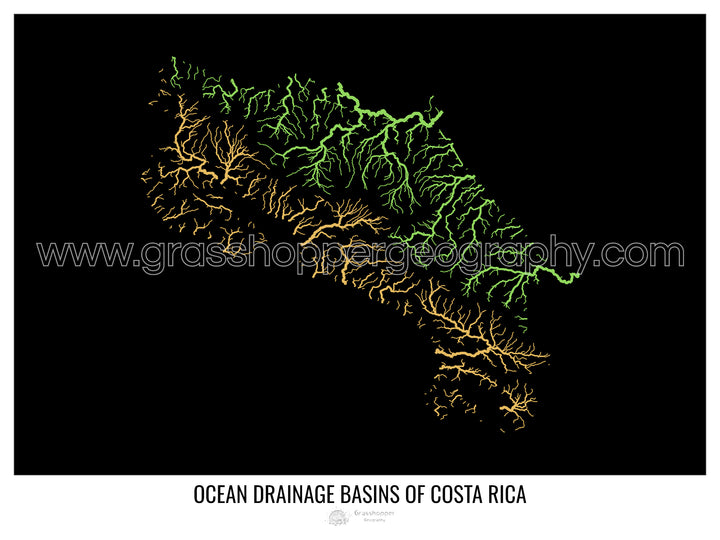 Costa Rica - Mapa de la cuenca hidrográfica del océano, negro v1 - Lámina enmarcada