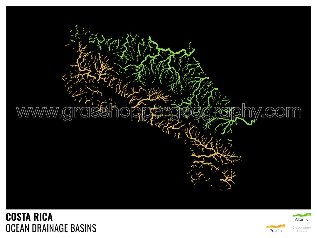 Costa Rica - Mapa de la cuenca hidrográfica del océano, negro con leyenda v1 - Impresión de Bellas Artes