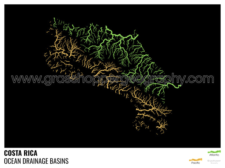 Costa Rica - Carte des bassins hydrographiques océaniques, noire avec légende v1 - Impression encadrée