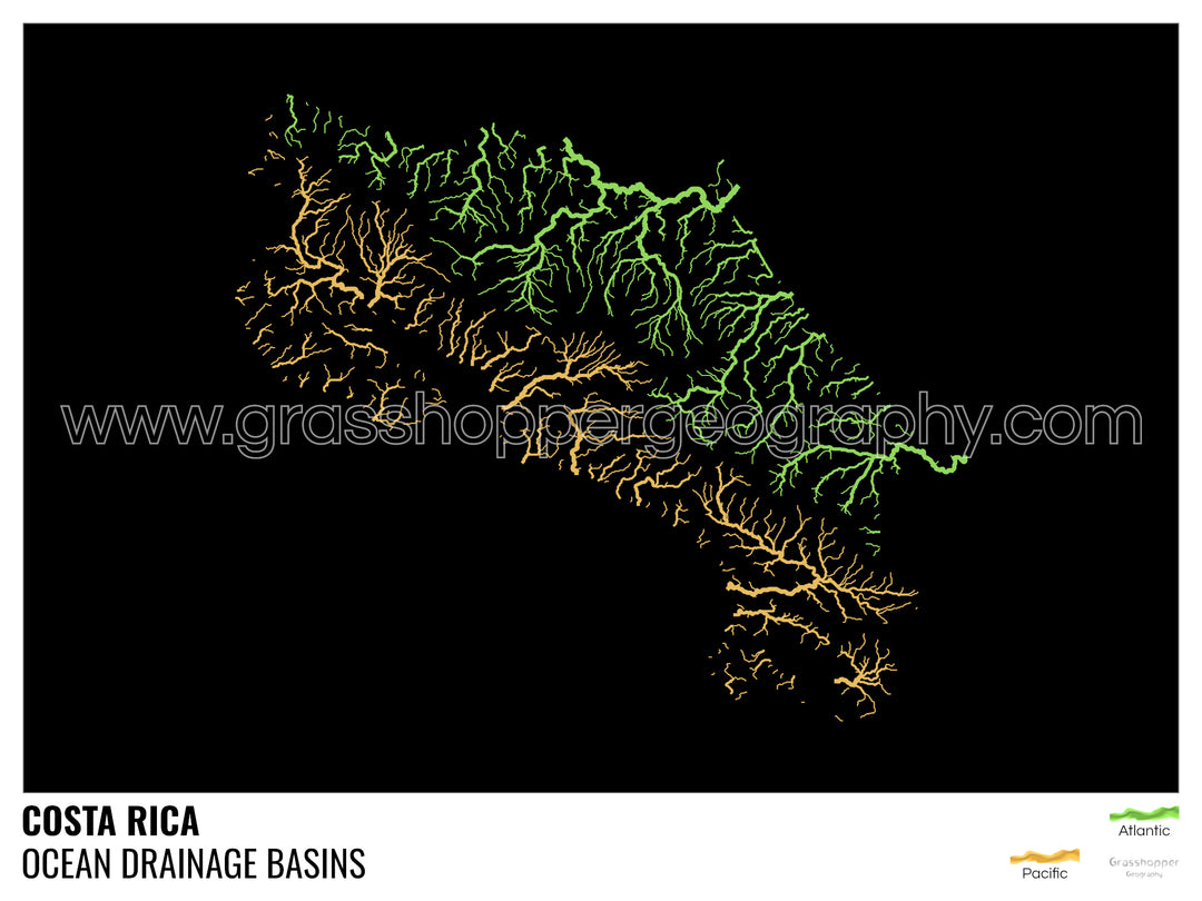 Costa Rica - Ocean drainage basin map, black with legend v1 - Fine Art Print with Hanger