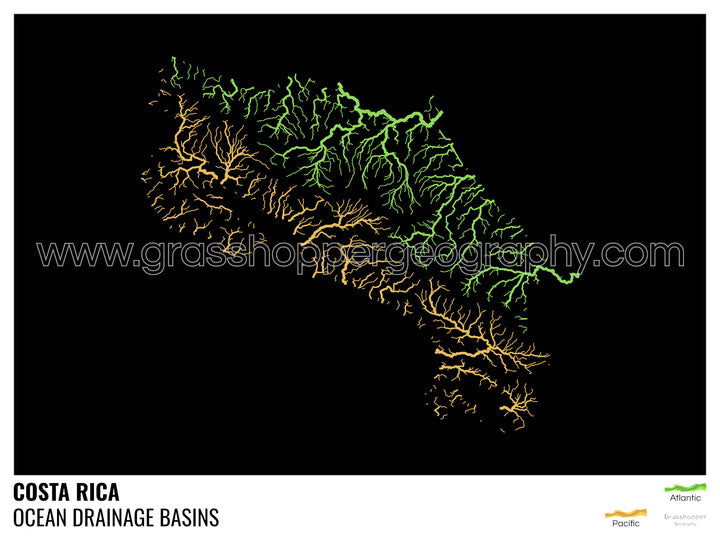 Costa Rica - Ocean drainage basin map, black with legend v1 - Fine Art Print with Hanger