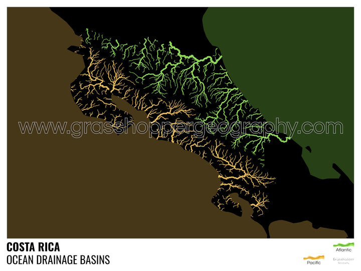 Costa Rica - Mapa da bacia de drenagem oceânica, preto com legenda v2 - Impressão emoldurada