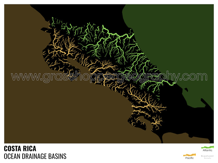 Costa Rica - Mapa de la cuenca hidrográfica del océano, negro con leyenda v2 - Impresión artística con colgador