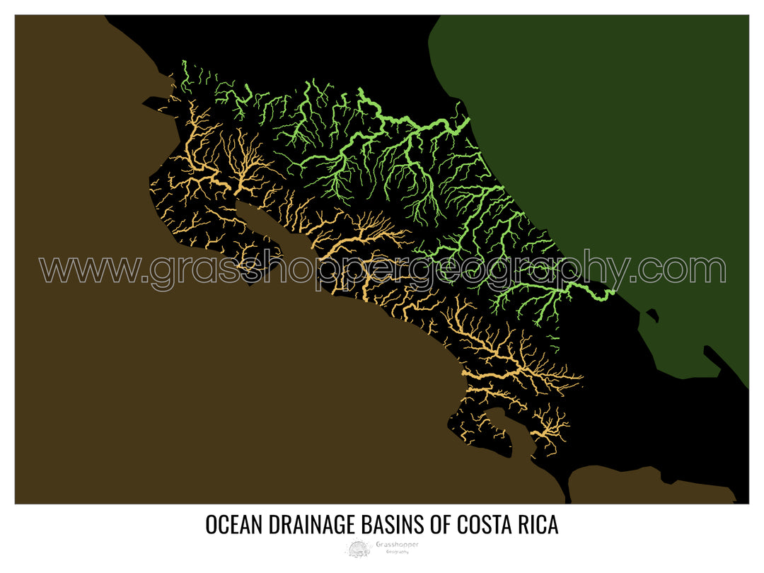 Costa Rica - Mapa de la cuenca hidrográfica del océano, negro v2 - Impresión de Bellas Artes