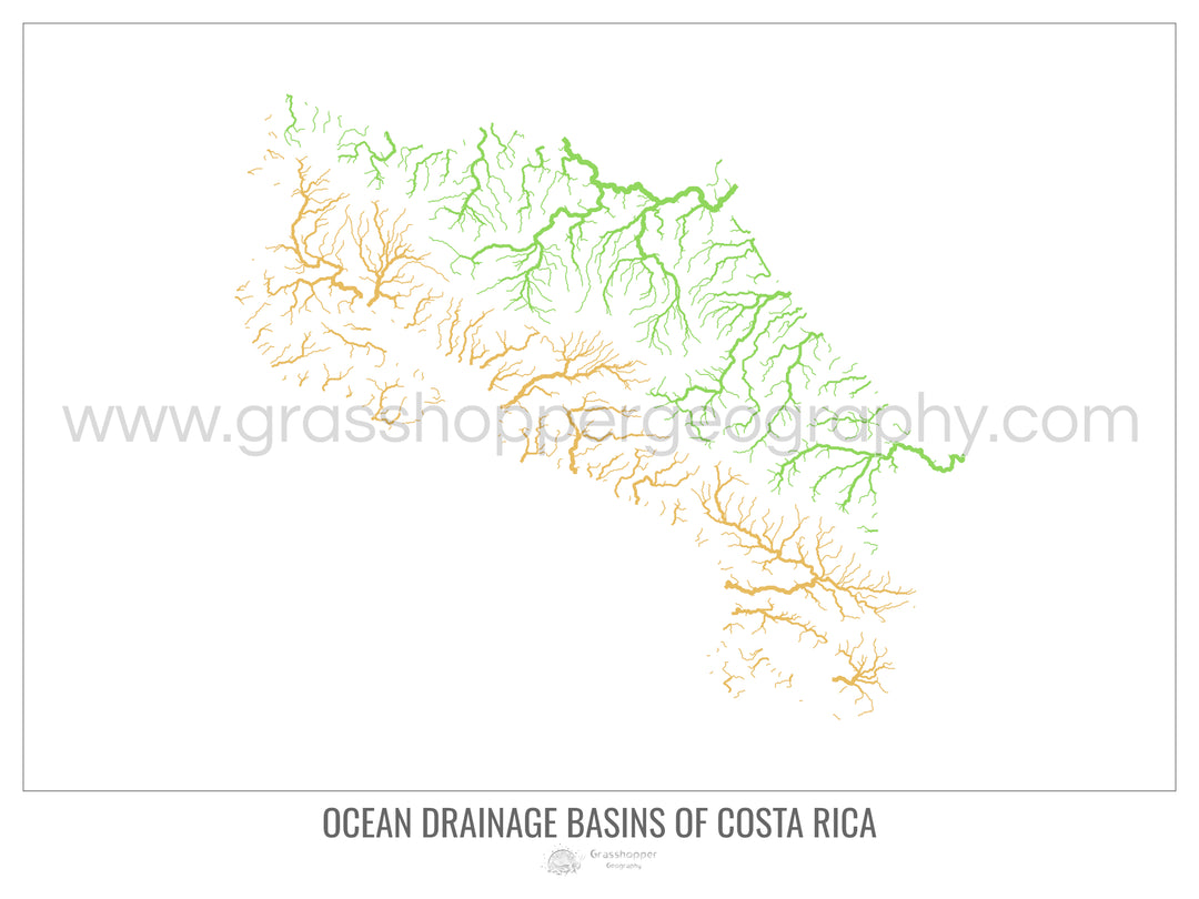 Costa Rica - Mapa de la cuenca hidrográfica del océano, blanco v1 - Impresión de Bellas Artes