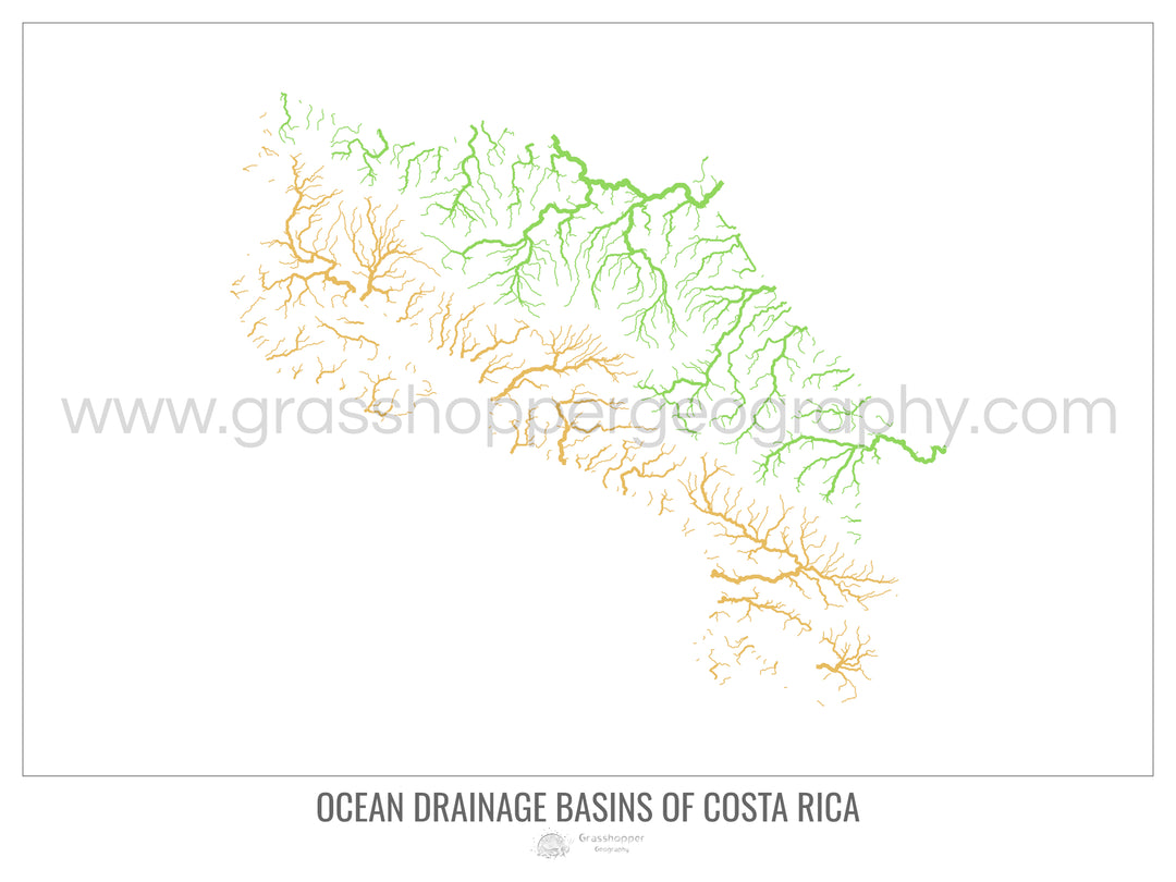 Costa Rica - Mapa da bacia de drenagem oceânica, branco v1 - Impressão de belas artes
