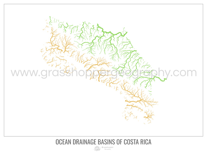 Costa Rica - Mapa de la cuenca hidrográfica del océano, blanco v1 - Impresión artística con colgador