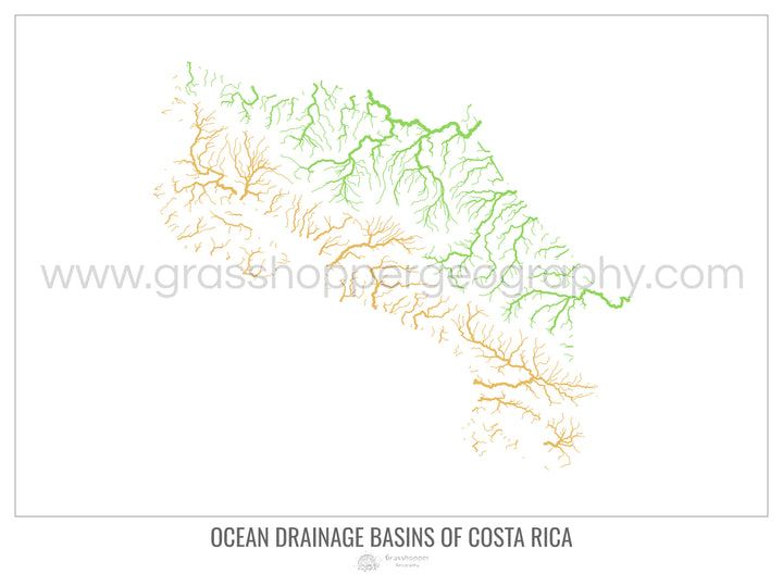 Costa Rica - Mapa de la cuenca hidrográfica del océano, blanco v1 - Impresión fotográfica