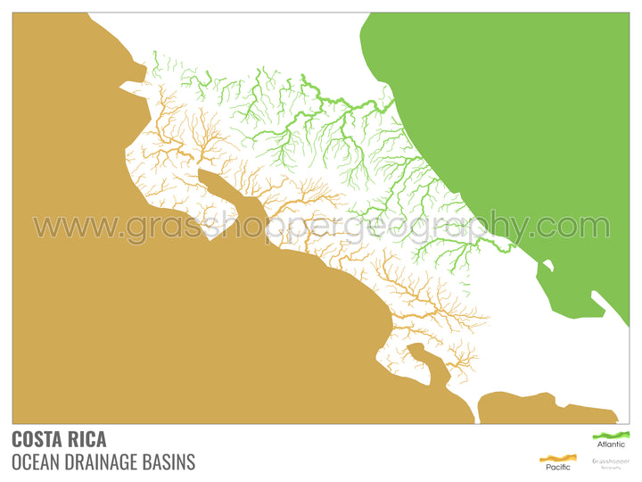 Costa Rica - Carte des bassins hydrographiques océaniques, blanche avec légende v2 - Impression encadrée