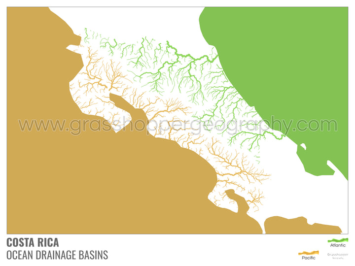 Costa Rica - Mapa de la cuenca hidrográfica del océano, blanco con leyenda v2 - Impresión artística con colgador