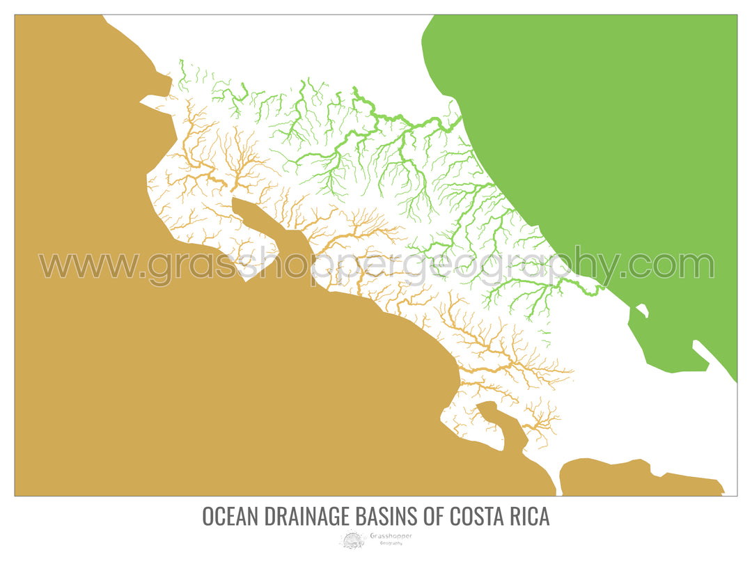 Costa Rica - Mapa de la cuenca hidrográfica del océano, blanco v2 - Impresión artística con colgador