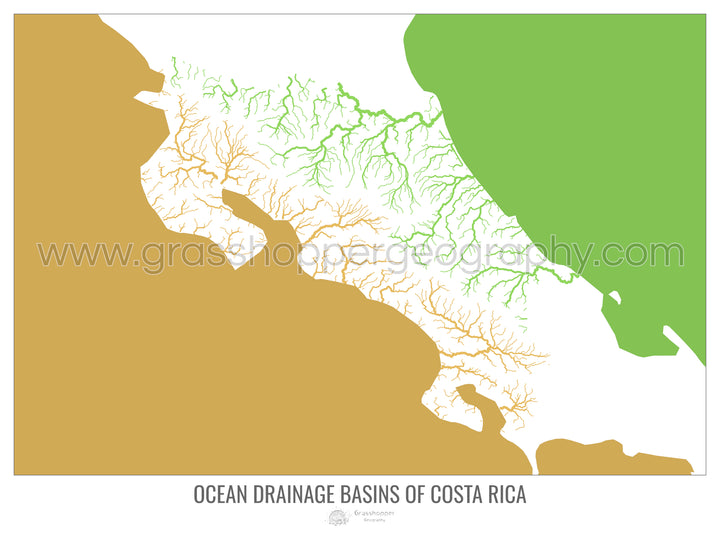 Costa Rica - Mapa de la cuenca hidrográfica del océano, blanco v2 - Impresión artística con colgador