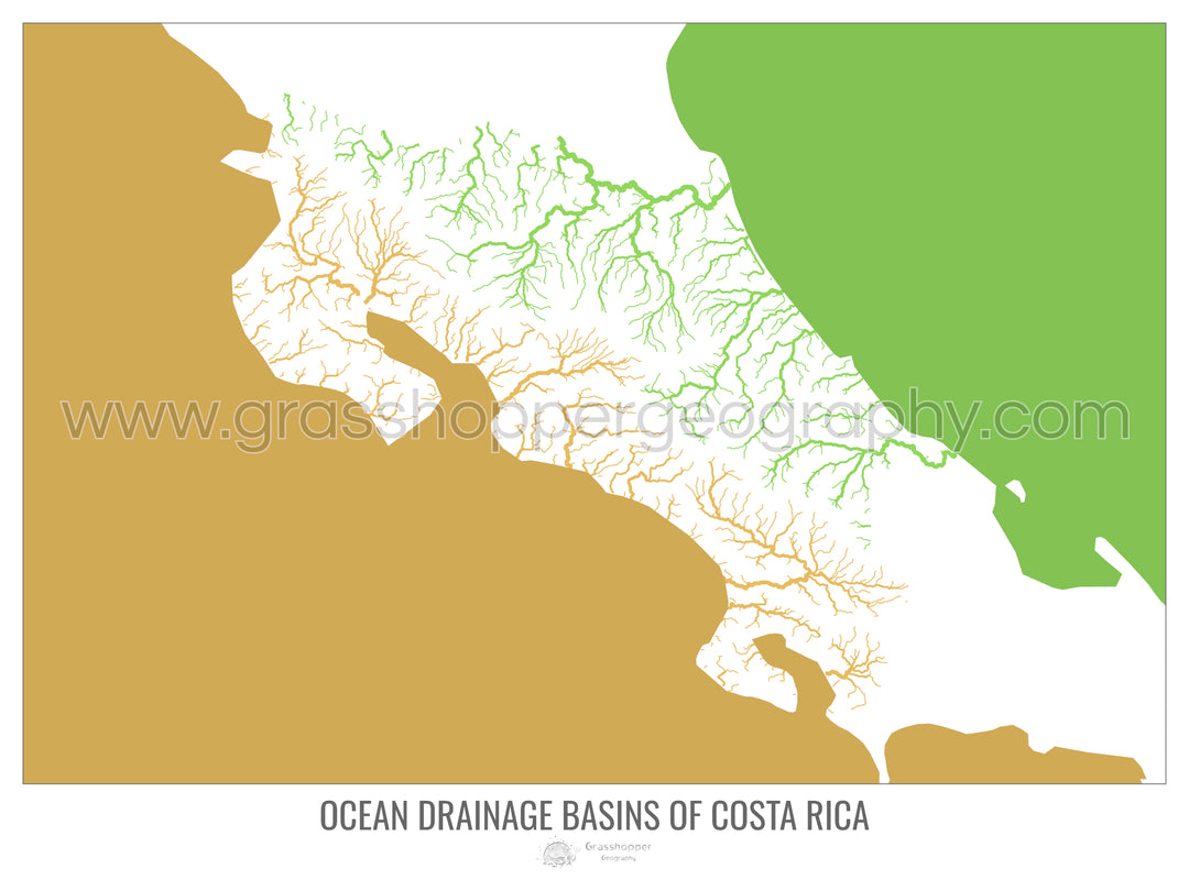 Costa Rica - Mapa de la cuenca hidrográfica del océano, blanco v2 - Lámina enmarcada