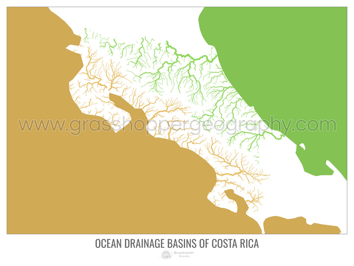 Costa Rica - Carte du bassin versant océanique, blanc v2 - Impression encadrée