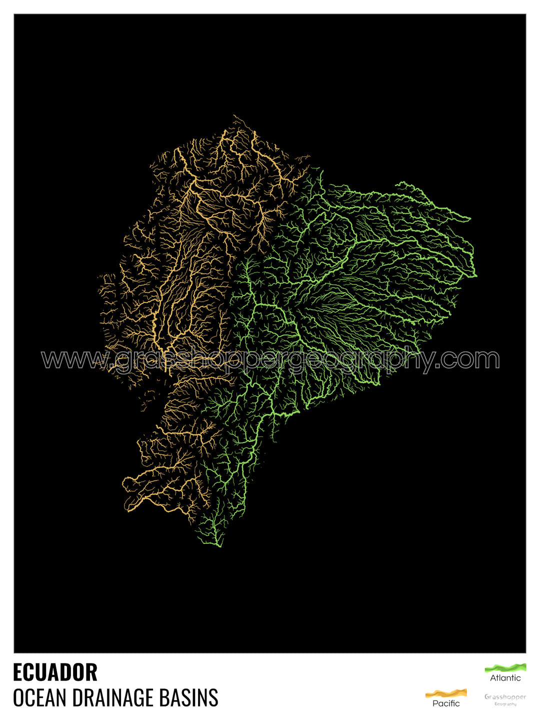 Ecuador - Ocean drainage basin map, black with legend v1 - Framed Print