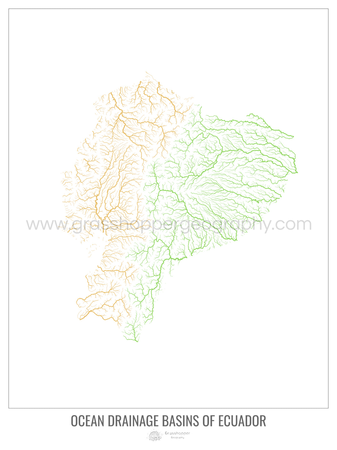 Ecuador - Mapa de la cuenca hidrográfica del océano, blanco v1 - Impresión artística con colgador