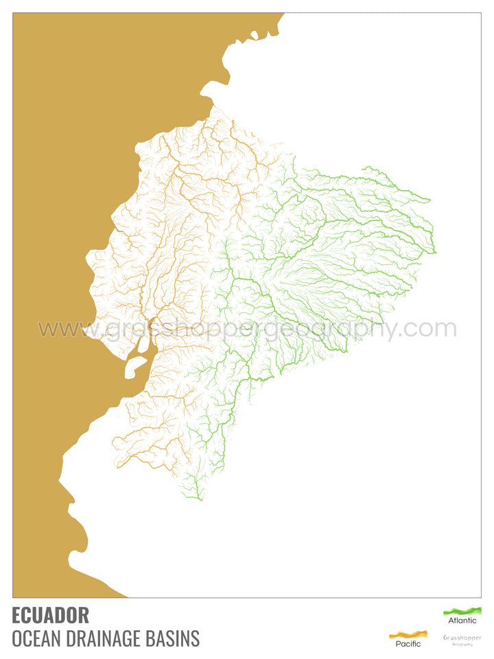 Ecuador - Mapa de la cuenca hidrográfica del océano, blanco con leyenda v2 - Impresión artística con colgador