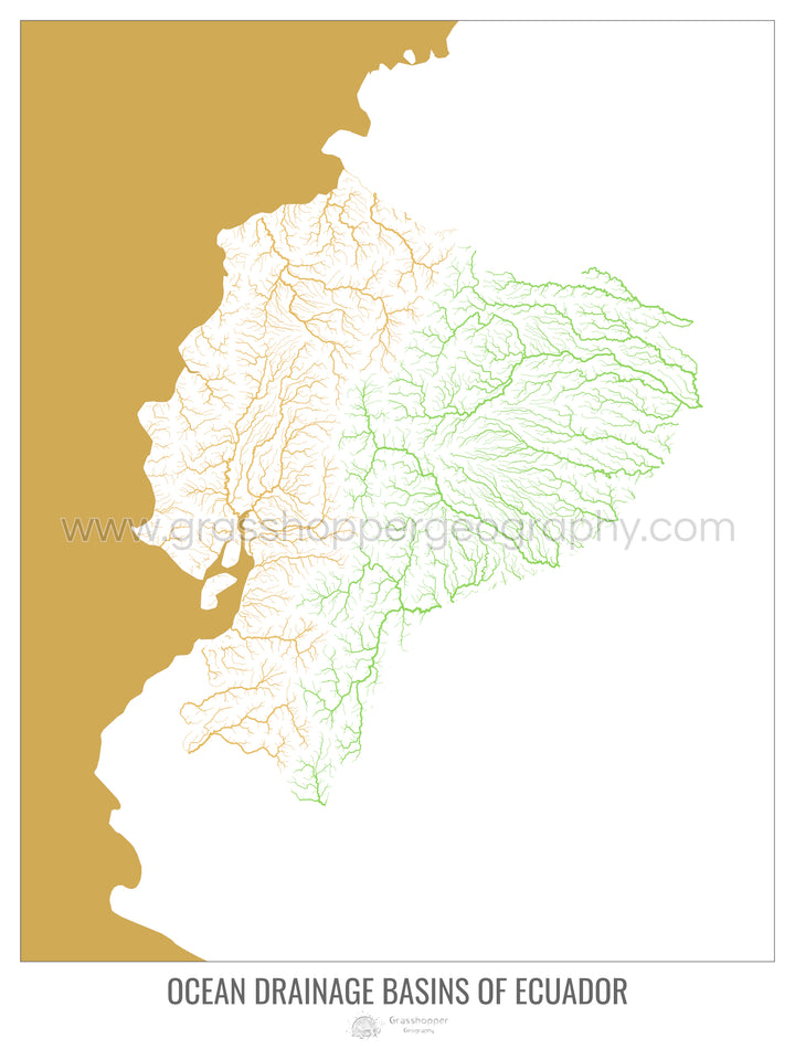 Ecuador - Mapa de la cuenca hidrográfica del océano, blanco v2 - Impresión artística con colgador