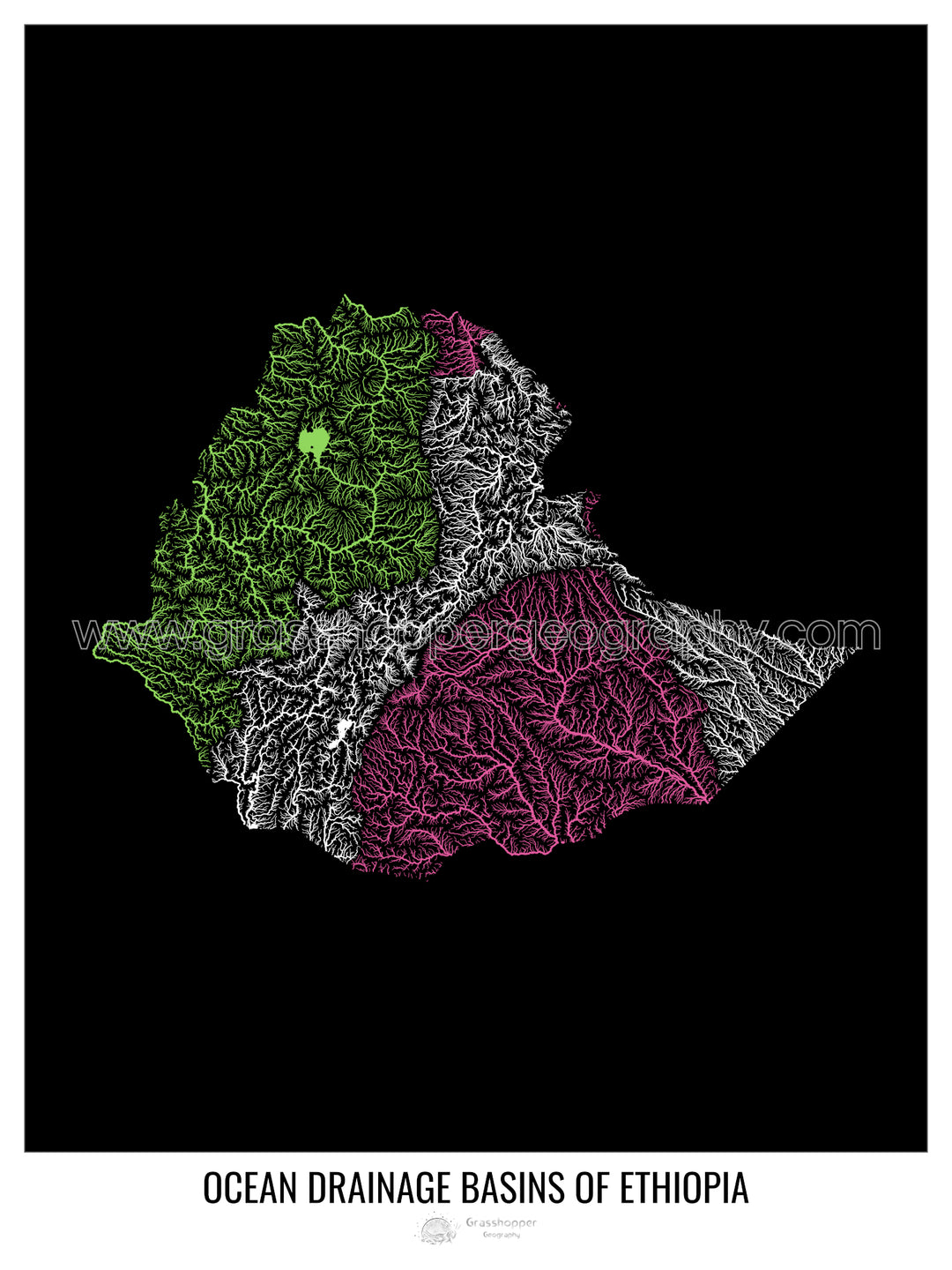 Etiopía - Mapa de la cuenca de drenaje oceánico, negro v1 - Lámina enmarcada