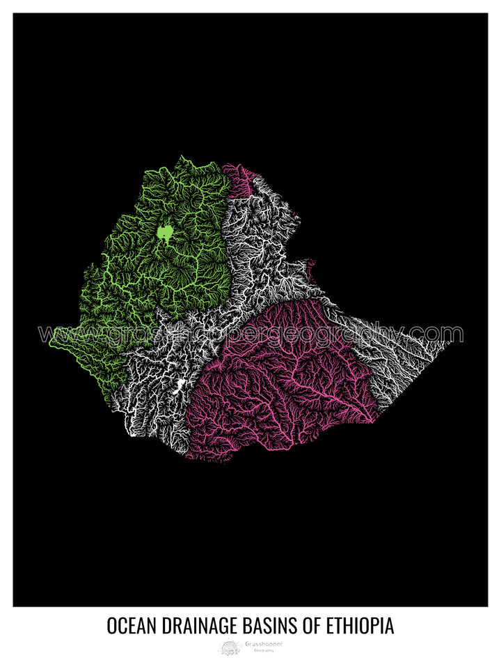 Éthiopie - Carte du bassin versant océanique, noir v1 - Impression encadrée