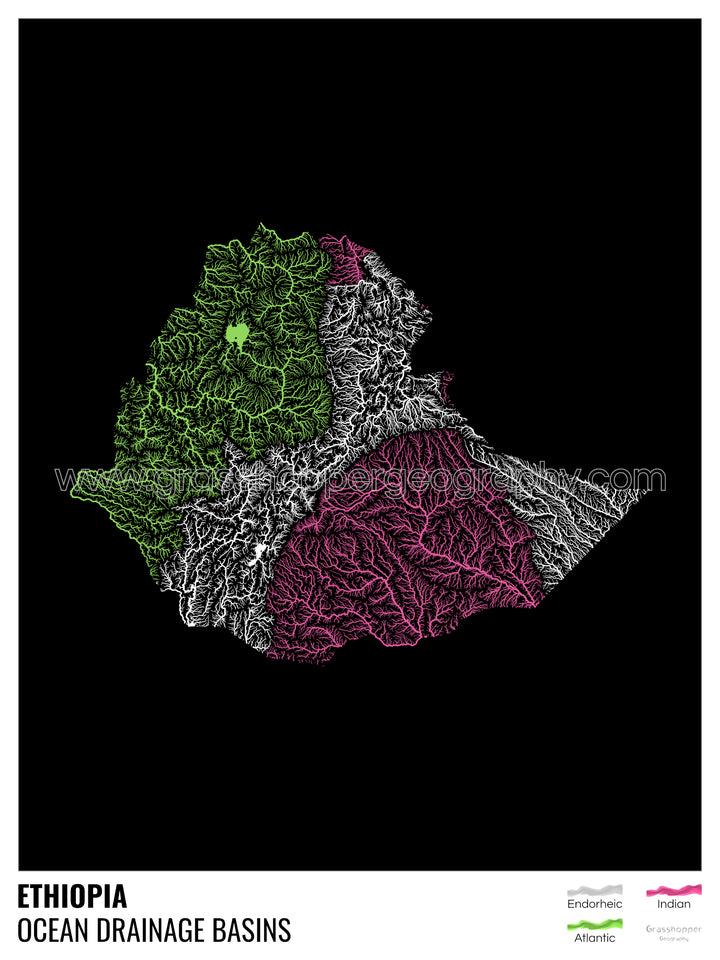 Etiopía - Mapa de la cuenca hidrográfica del océano, negro con leyenda v1 - Impresión artística con colgador