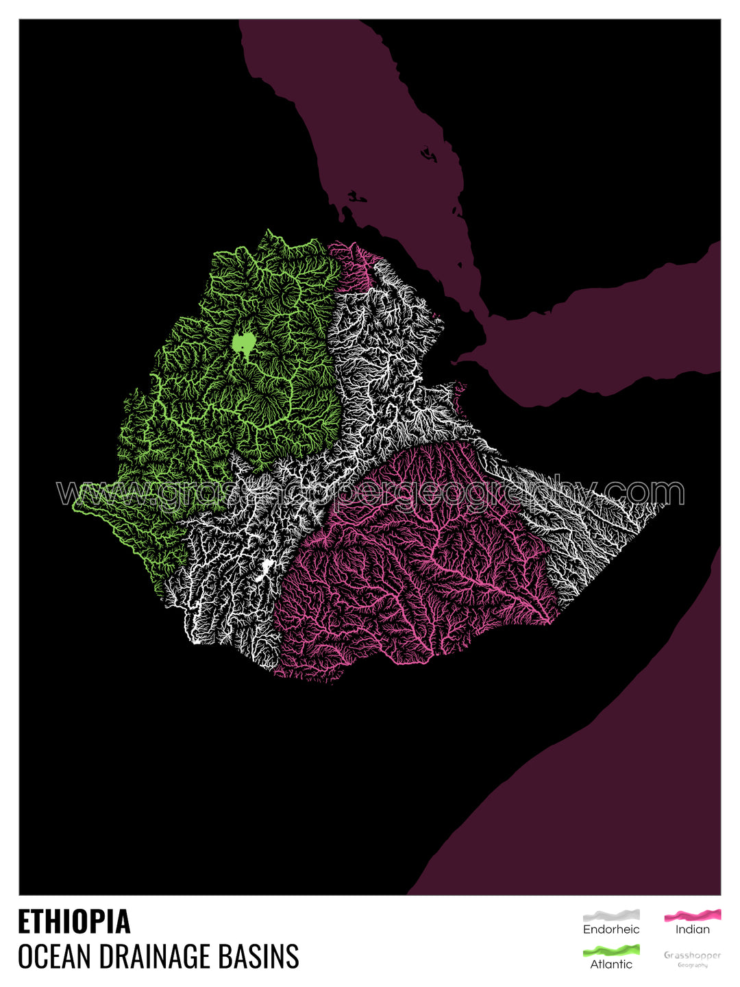 Éthiopie - Carte des bassins hydrographiques océaniques, noire avec légende v2 - Tirage d'art avec cintre