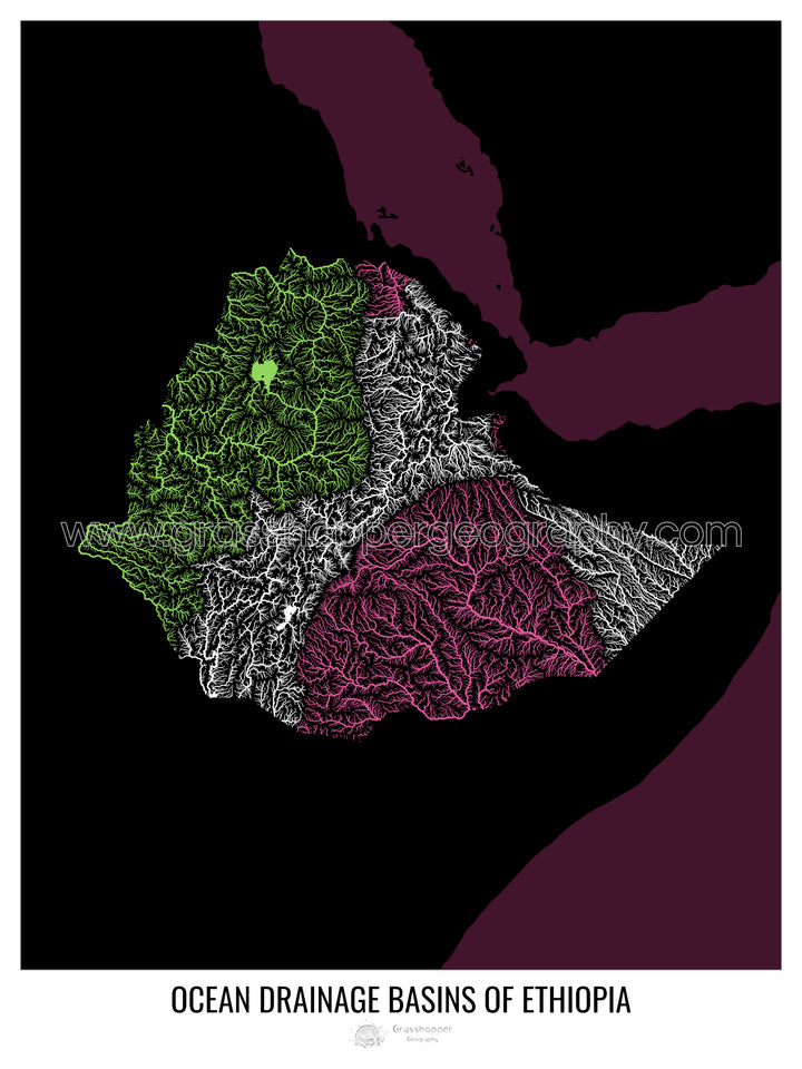 Éthiopie - Carte du bassin versant océanique, noir v2 - Impression encadrée